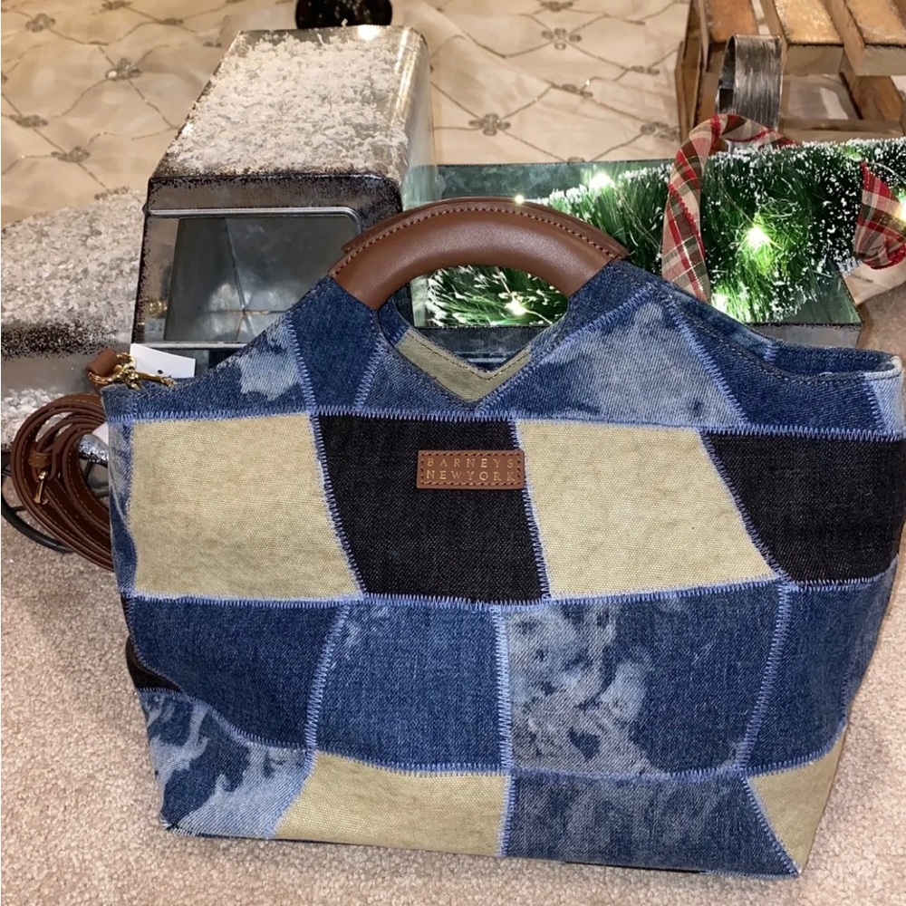 Barneys New York Patchwork Denim & Tan Leather Handle Tote
